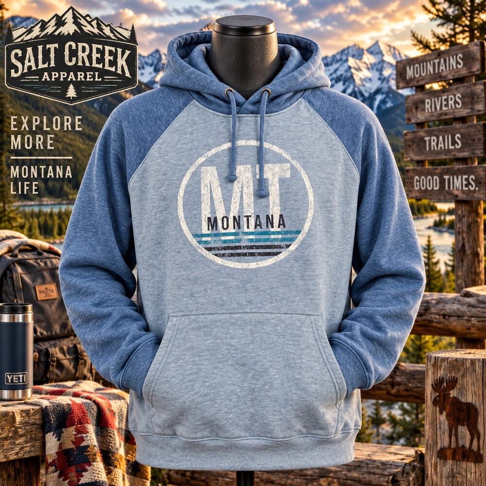 Salt Creek Montana MT Hoodie Mens 2XL Blue Raglan Pullover Distressed Graphic